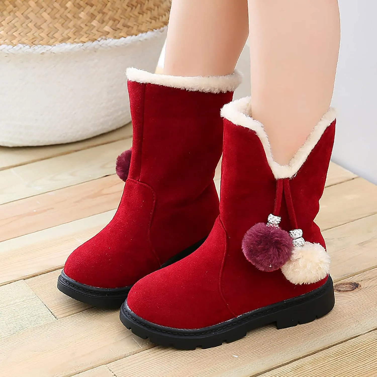 Kids Hiking Snow Boots for Girls Waterproof Winter Boots Outdoor Warm Non Slip Leather Ankle Shoes with Fur Lined